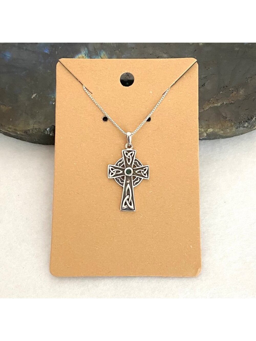 Shan Ore Sterling Silver 925 Irish Celtic Emerald Cross Pendant Necklace 16"
